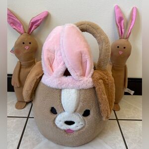 Easter Plush Basket Dog with Pink Ears and Two Bunnies Set